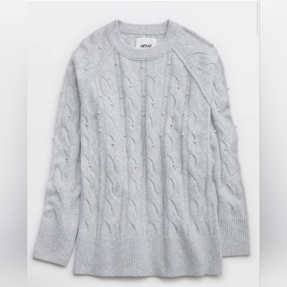 NWT Aerie Women's Grey UnReal Cable Knit Pearl Crewneck Sweater Size XXS-XL - Picture 2 of 6